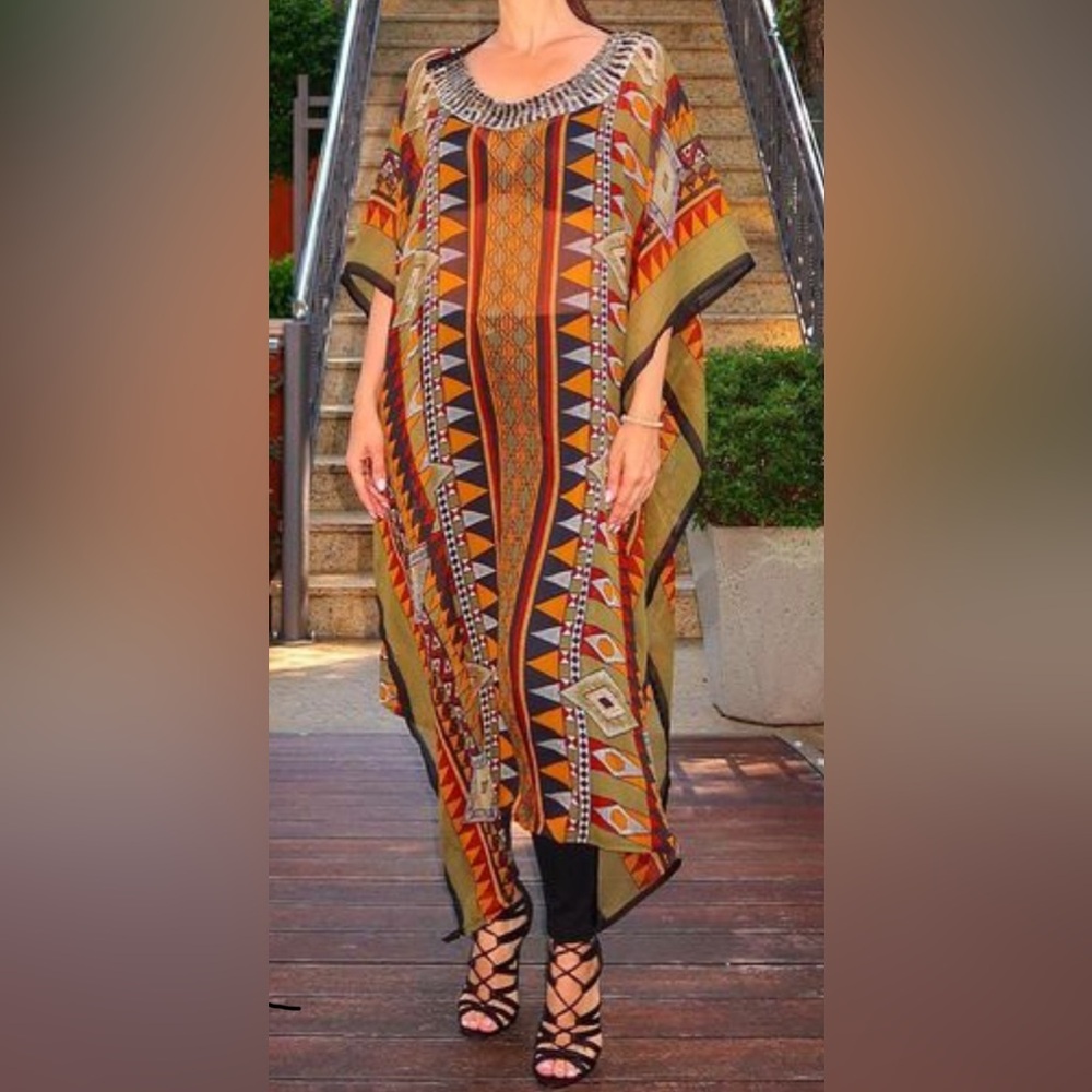 Womens chiffon African print cover-up w/ beaded neckline.